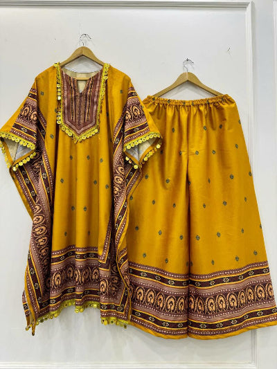 Yellow Velvet Kaftaan Palazzo Set Of 2