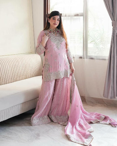 Baby Pink Sequins Embroidery Wedding Wear Palazzo Suit Set