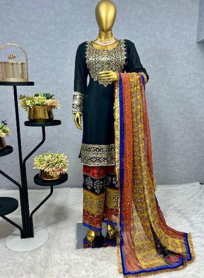 Chinon Silk Radiance Kurti Palazzo Dupatta Set