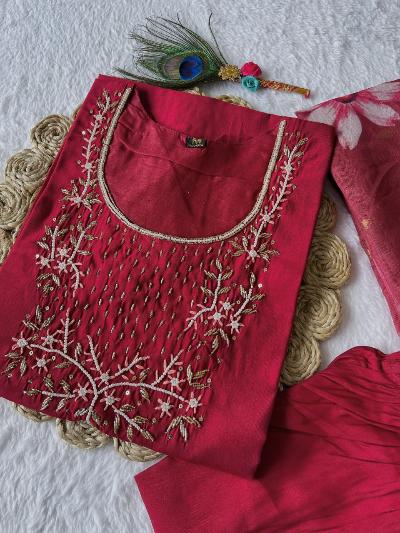 Red Festive Roman Silk Salwar Suit Set