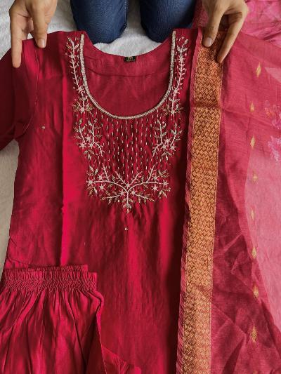 Red Festive Roman Silk Salwar Suit Set