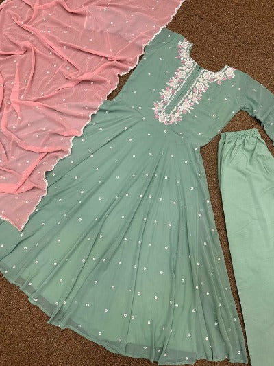 Pastel Green & Pink Georgette Umbrella Flair Anarkali Gown Suit Set