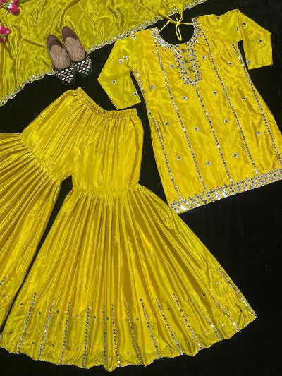 Marigold Yellow Heavy Chinon Silk Embroidery Work Sharara Suit Set