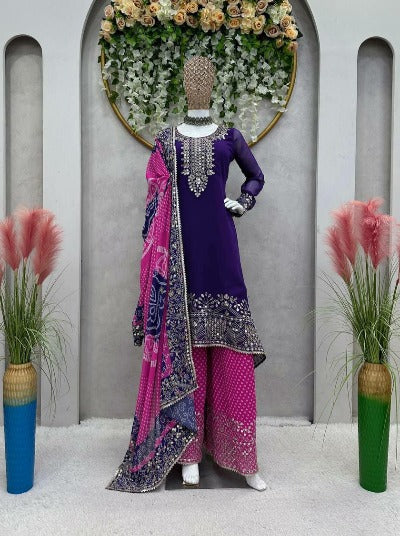 Blue & Pink Georgette Thread With Sequence Palazzo Suit Set