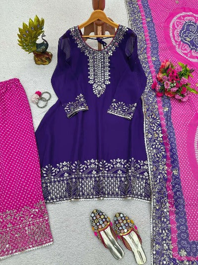 Blue & Pink Georgette Thread With Sequence Palazzo Suit Set