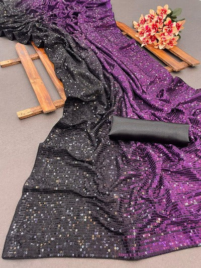 Purple & Black Georgette Bollywood Inspired Sequins Work Saree