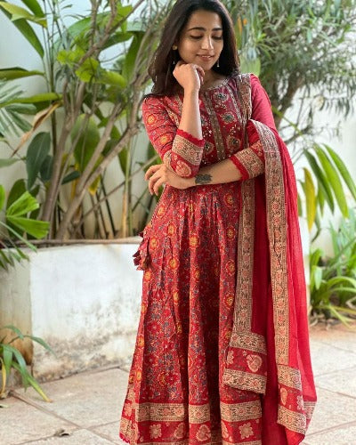 Brick Red Cotton Hand Embroidered Printed Anarkali Suit Set