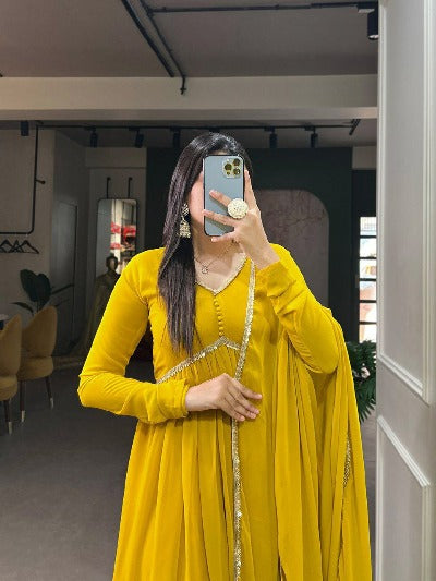 Haldi Yellow Alia Cut Georgette Anarkali Gown With Dupatta 2Pc