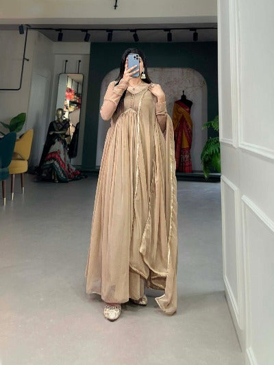 Nude Tone Alia Cut Georgette Anarkali Gown With Dupatta 2Pc