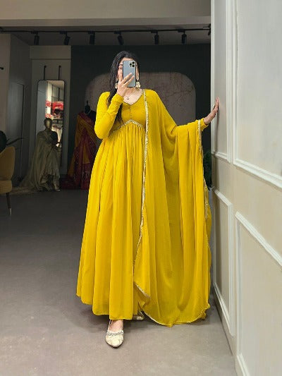 Haldi Yellow Alia Cut Georgette Anarkali Gown With Dupatta 2Pc