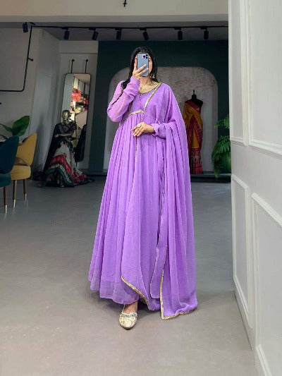 Lavender Alia Cut Georgette Anarkali Gown With Dupatta 2Pc