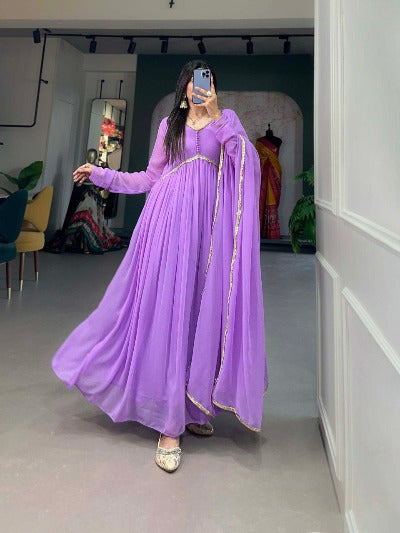 Lavender Alia Cut Georgette Anarkali Gown With Dupatta 2Pc