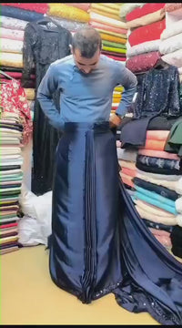 Navy Blue Sequin Ready to Wear Shimmer Satin Silk Pre Draped Sari