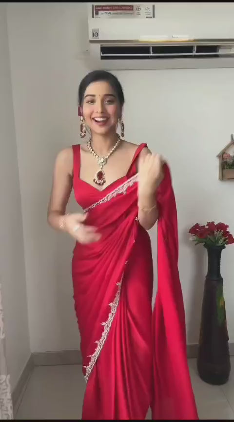 1 Min Ready to Wear Red White Stitched Saree
