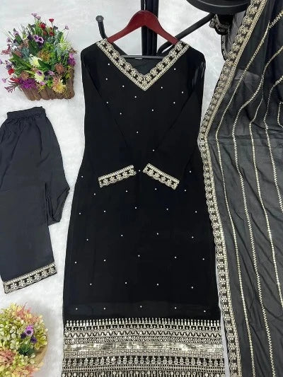 Black Georgette Embroidery Sequins Salwar Suit Set
