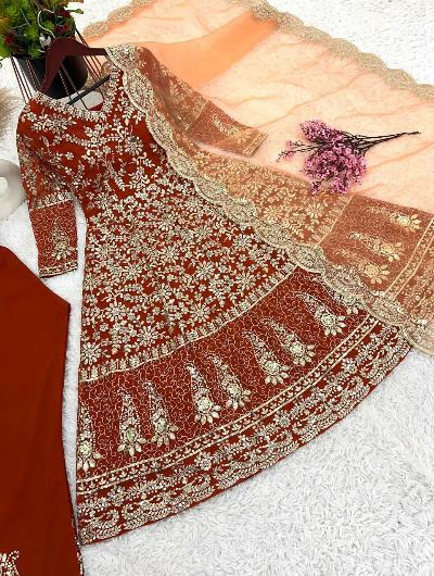 Designer Rust Silver Sequins Anarkali Suit Set