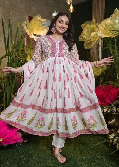 Pink & White Cambric Cotton Mughal Motif Printed Anarkali Suit