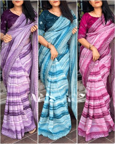 Soft Organza Satin Sequin Work Sarees