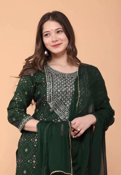 Dark Green Foil Print Premium Rayon Salwar Suit Set