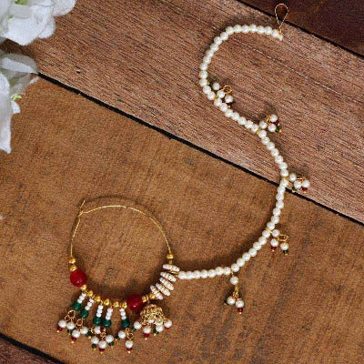 Gold Red Piercing Ethnic Designer Pearl Traditional Nose Nathani