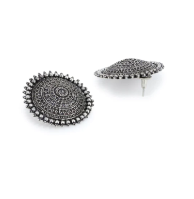 Silver Round Floral Silver- Toned Stud Earrings