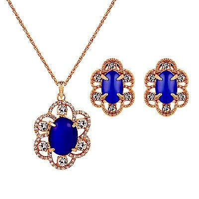 Rose Gold Blue Crystal Drop Earring Necklace Set