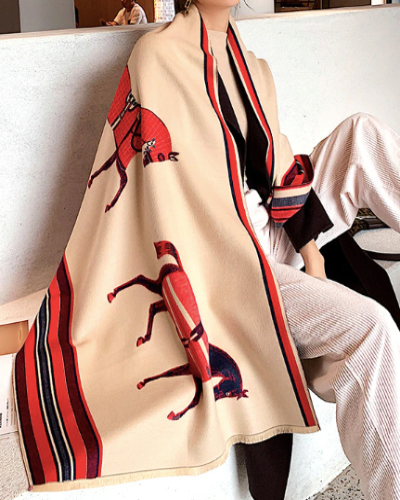 Cream Red Designer Horse Soft Wool Shawl for Woman