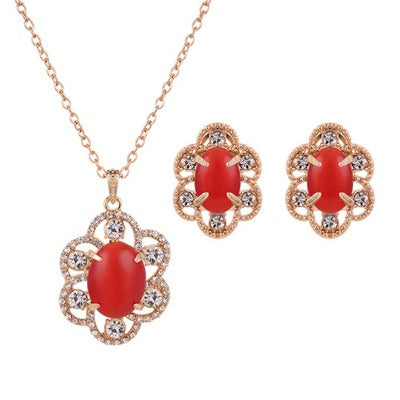 Rose Gold Coral Oval Earring Necklace Set For women