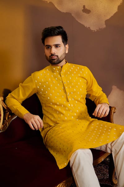 Designer Yellow Gold Silk Cotton Men Kurta Pajama 