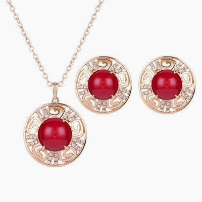 Gold Crimson Red Crystal Stud Earring Necklace Set