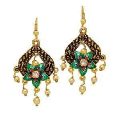 Gold Floral Red Green Pearls Gold Drop Earring
