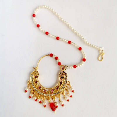 Gold Pink Piercing Ethnic Designer Pearl Traditional Nose Nathani