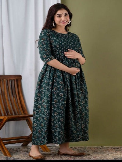 Maternity Feeding Gown Green Cotton Maxi Dress 