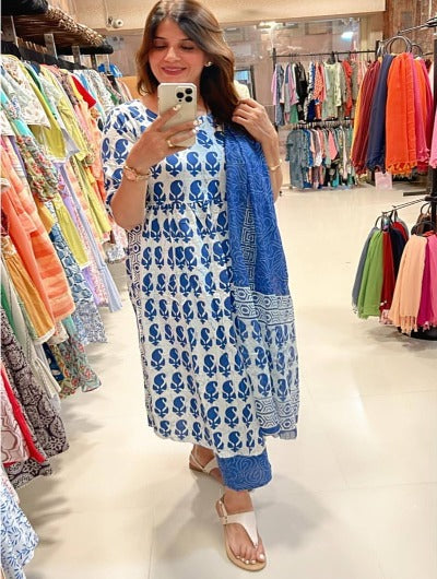 Blue Indigo Cotton Anarkali Salwar Suit with Dupatta