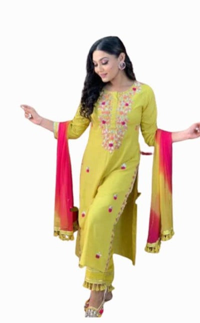 Lemon Yellow Pink Embroidered kurti Cotton Palazo Suit