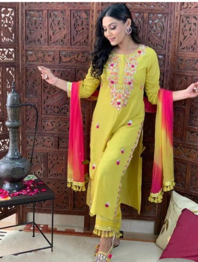 Lemon Yellow Pink Embroidered kurti Cotton Palazo Suit