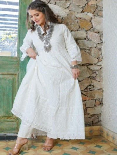 White Lucknowi Chikankari Long kurti Cotton Palazo Suit