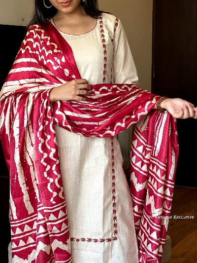 Handloom Khaadi Cream Pink Cotton Embroidery Suit