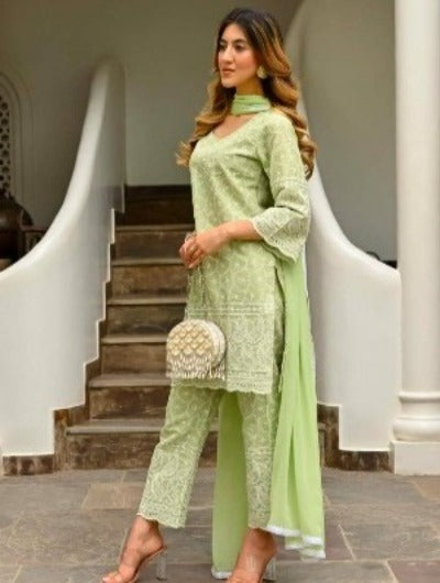 Pista Green Lucknowi Cotton Embroidery Suit