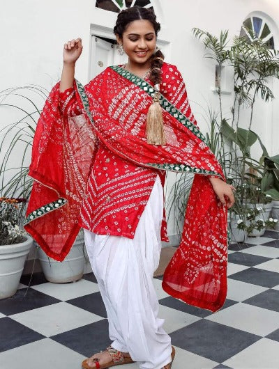 Pink Silk Bandhani Mirrorwork Patiala Suit with Dupatta