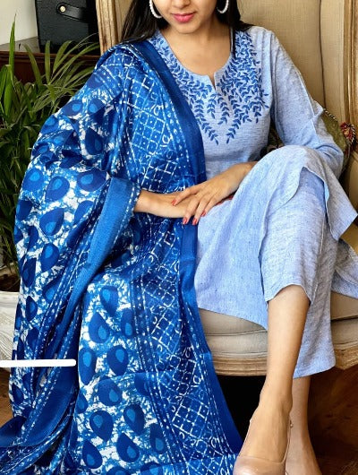 Blue Cotton Embroidery Salwar Kameez Dupatta Suit