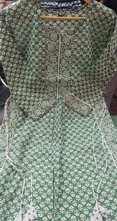 Green White Handblock Print Cotton Kurta Pant Set