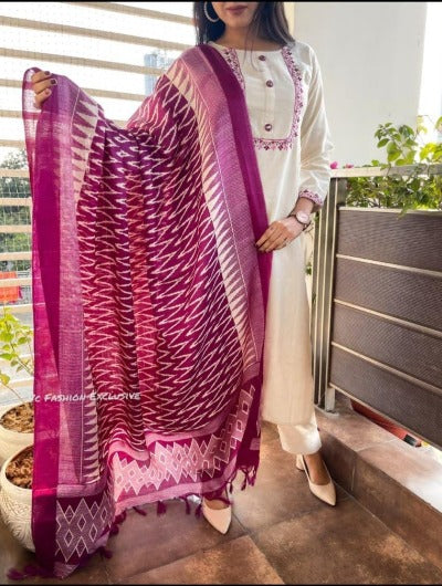 Ivory Magenta Embroidery Salwar Suit Print Dupatta Set