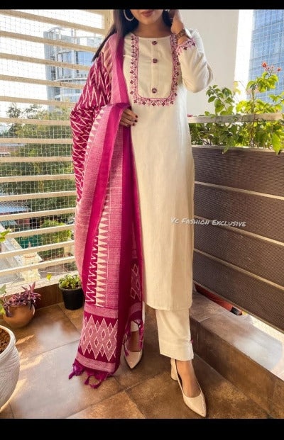 Ivory Magenta Embroidery Salwar Suit Print Dupatta Set