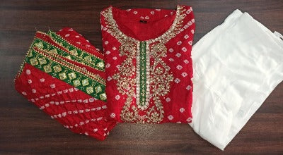Red Silk Bandhani Mirrorwork Patiala Suit with Dupatta