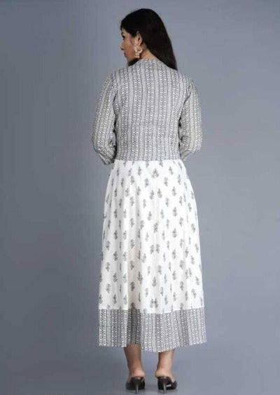 White Grey Embroidery Cotton maxi Kurti Dress