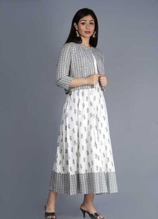 White Grey Embroidery Cotton maxi Kurti Dress