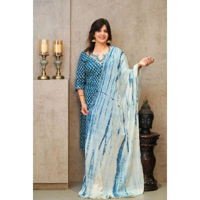Blue White Cotton Straight Salwar Suit with Dupatta