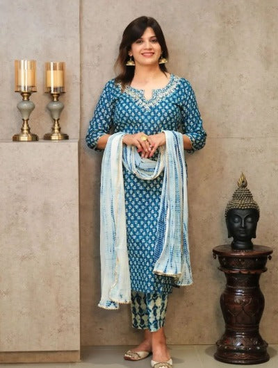 Blue White Cotton Straight Salwar Suit with Dupatta