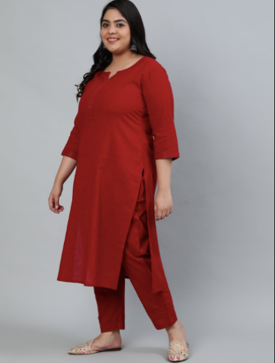 Maroon Embroidered Detail Solid Straight Kurta with Pants